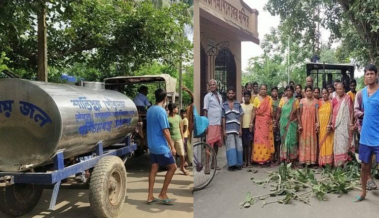 পুরসভার উদাসীনতায় শান্তিপুর পৌরসভার জল পরিষেবার গাড়ি এবং শ্মশানে যাওয়ার প্রধান রাস্তা আটকে, বিক্ষোভ এলাকাবাসীর