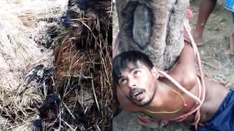 আগুন লাগিয়ে পালাতে গিয়ে হাতেনাতে ধরে গাছে বেঁধে রাখে প্রতিবেশীরা